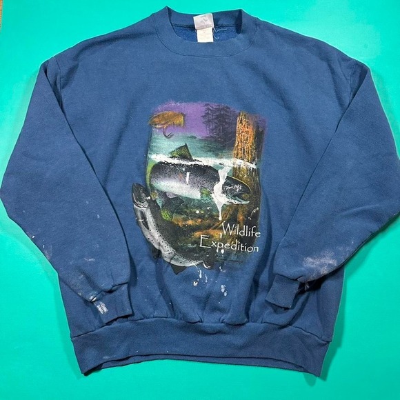 Jerzees Other - Vintage 90s wildlife expedition trout graphic paint distressed sweatshirt